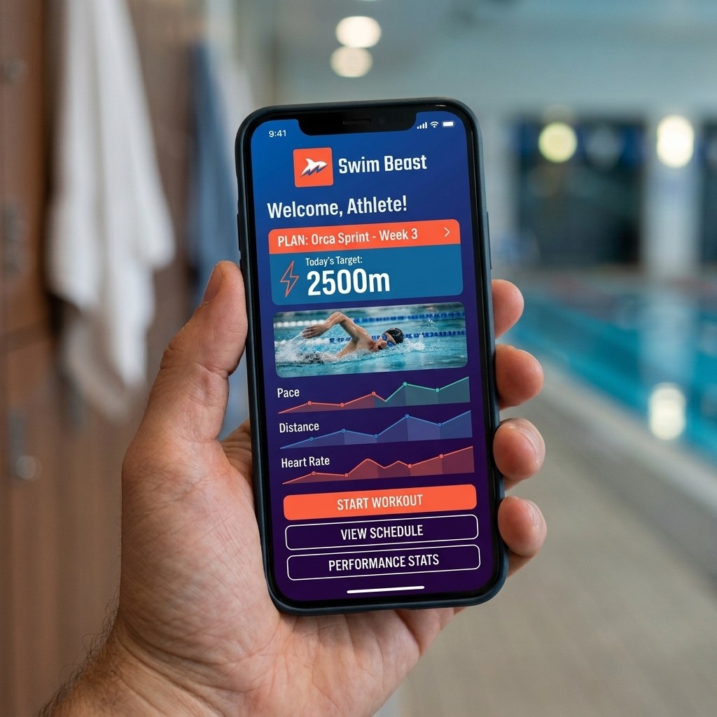 A hand holding a phone showing the Swim Beast app's weekly training plan and pace, distance, and heart rate charts